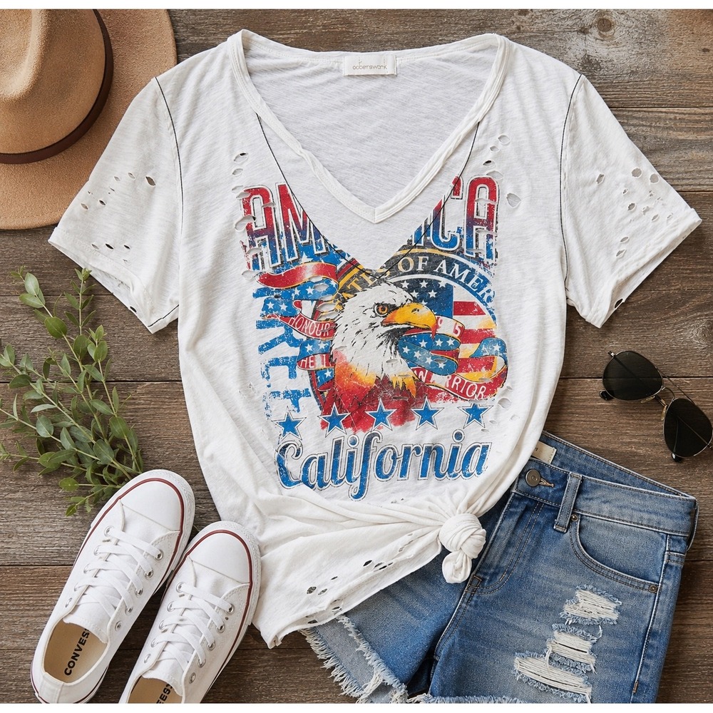 Patriotic Eagle Graphic Tee Distressed USA Americana Festival Boho Boxy Large